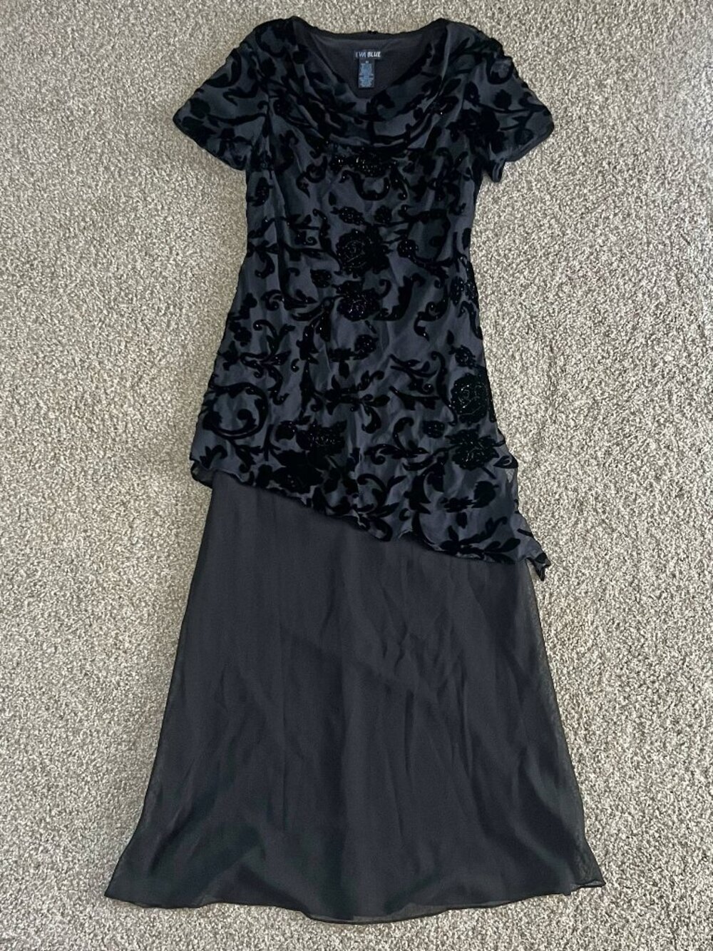 Y2K Beaded Velvet Maxi Dress Black Cowl Neck Whimsigoth Formal Eva Blue Size 10